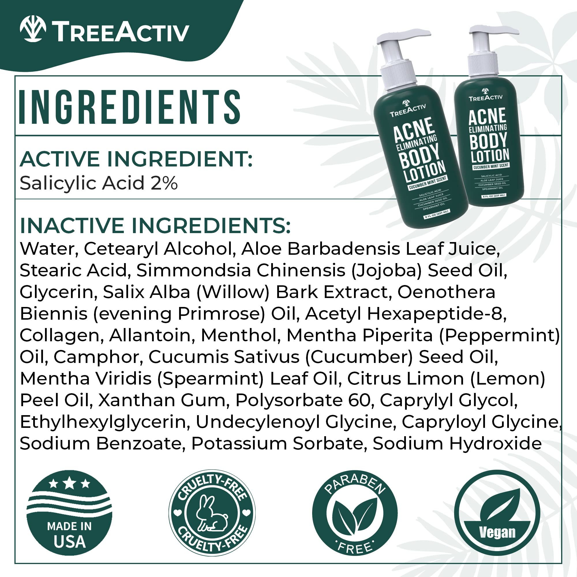 TreeActiv Acne Eliminating Body Lotion 8 oz | Clears Body, Back, Butt & Shoulders | Cucumber Mint