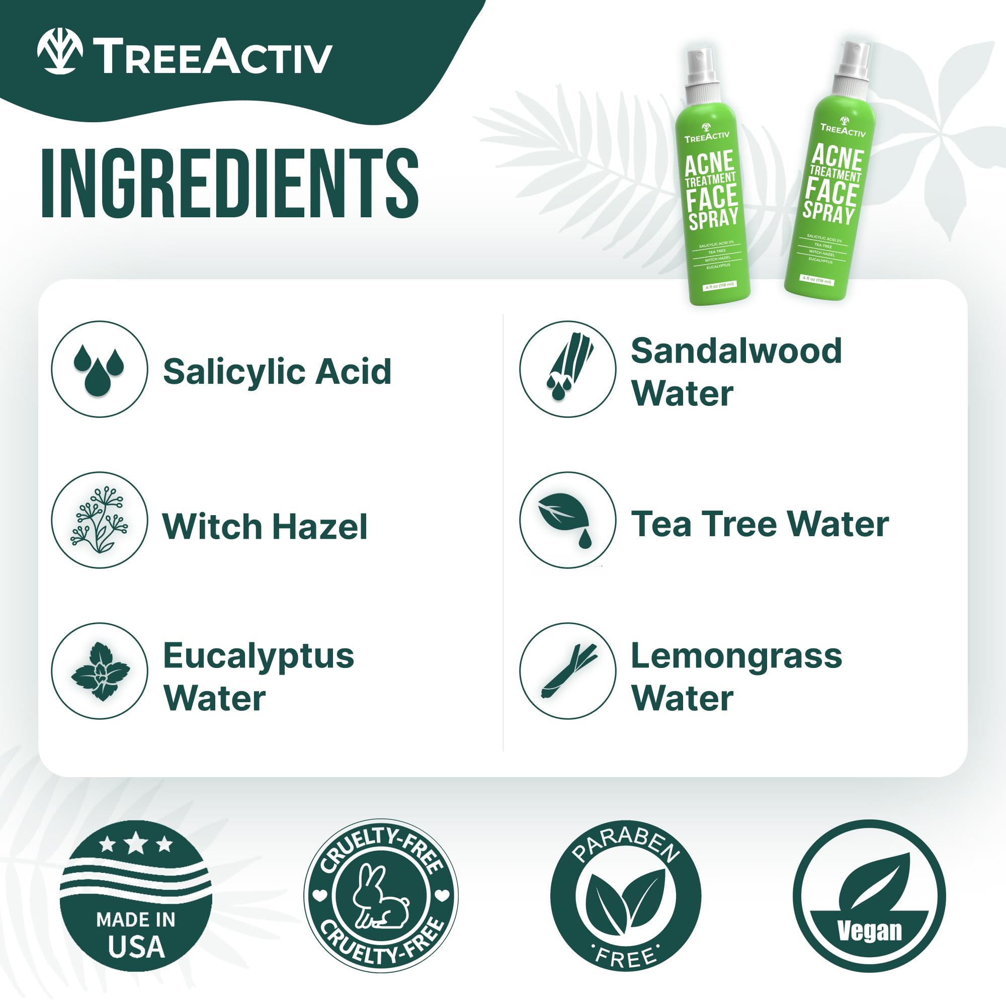 TreeActiv Acne Face Spray — 4 oz Toner with Witch Hazel & Salicylic Acid