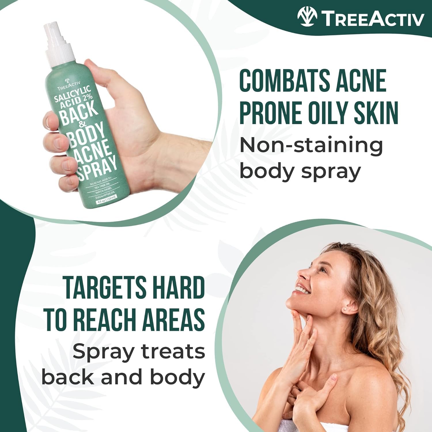 TreeActiv Salicylic Acid Back & Body Acne Spray – Fast-Drying, Tea Tree & Peppermint Formula (4 fl oz x 2)
