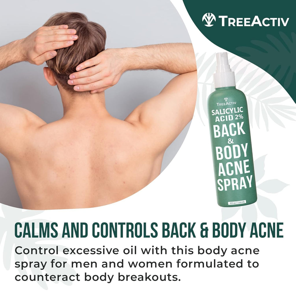 TreeActiv Salicylic Acid Back & Body Acne Spray – Fast-Drying, Tea Tree & Peppermint Formula (4 fl oz x 2)