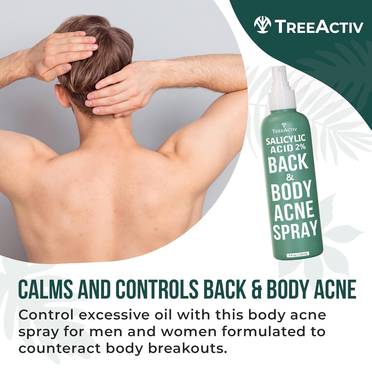 TreeActiv Salicylic Acid Back & Body Acne Spray – Fast-Drying, Tea Tree & Peppermint Formula (4 fl oz x 2)
