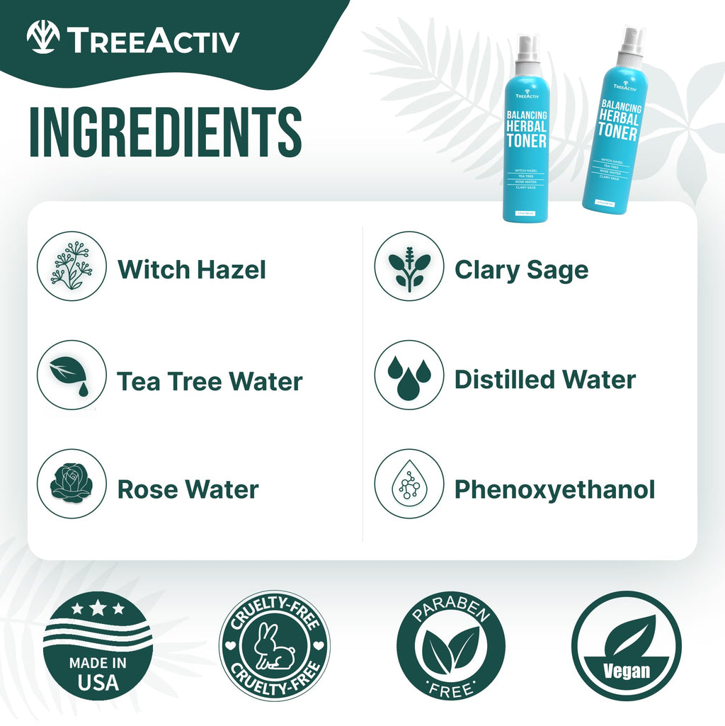 TreeActiv Balancing Herbal Toner | Alcohol-Free Astringent for Oily/Acne-Prone Skin | Rose Water & Tea Tree | 4 fl oz
