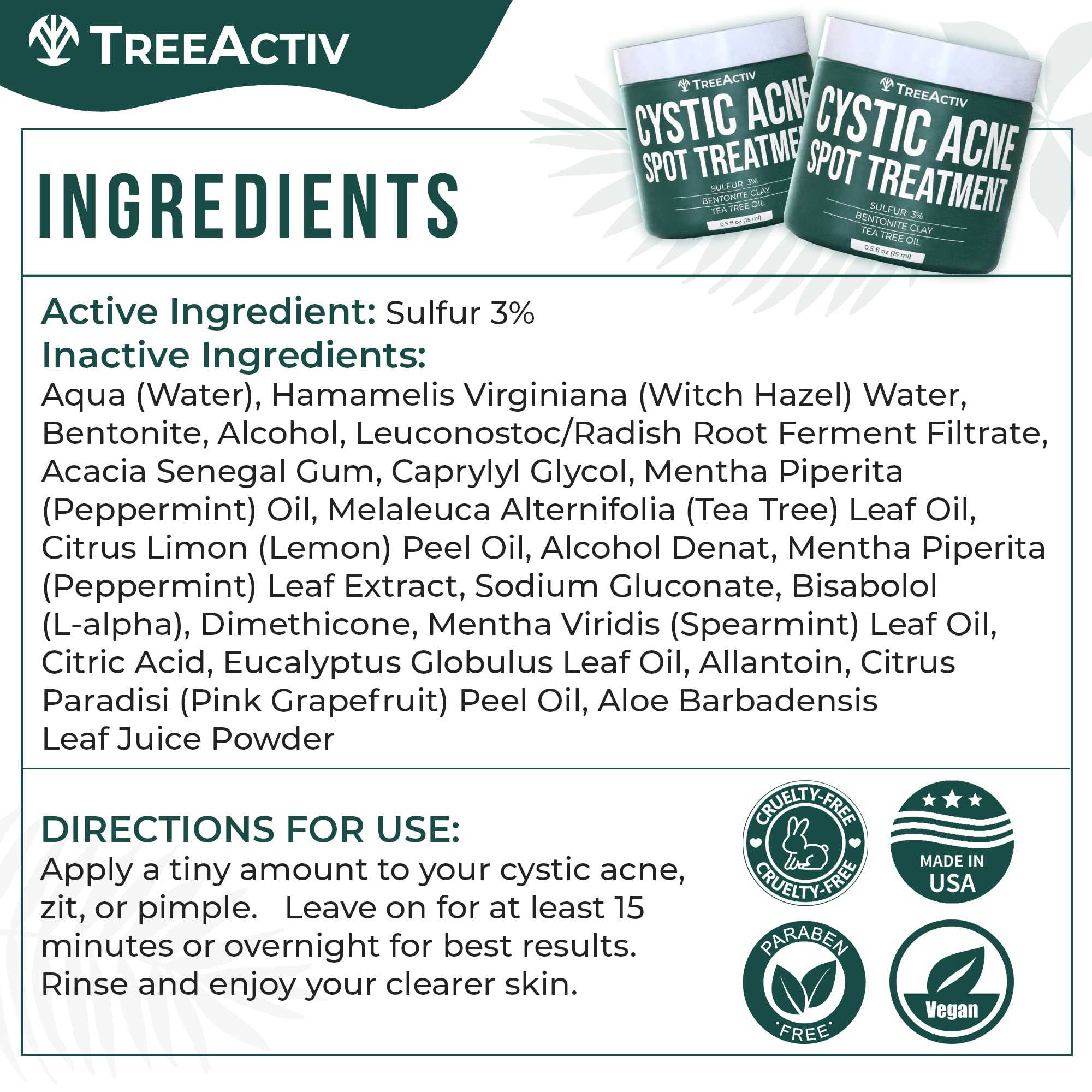 TreeActiv Cystic Acne Spot Treatment – Overnight Sulfur & Bentonite Clay for Face & Body • 0.5oz