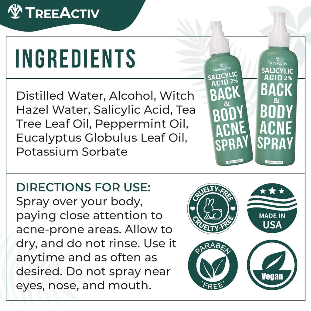 TreeActiv Salicylic Acid Back & Body Acne Spray – Fast-Drying, Tea Tree & Peppermint Formula (4 fl oz x 2)