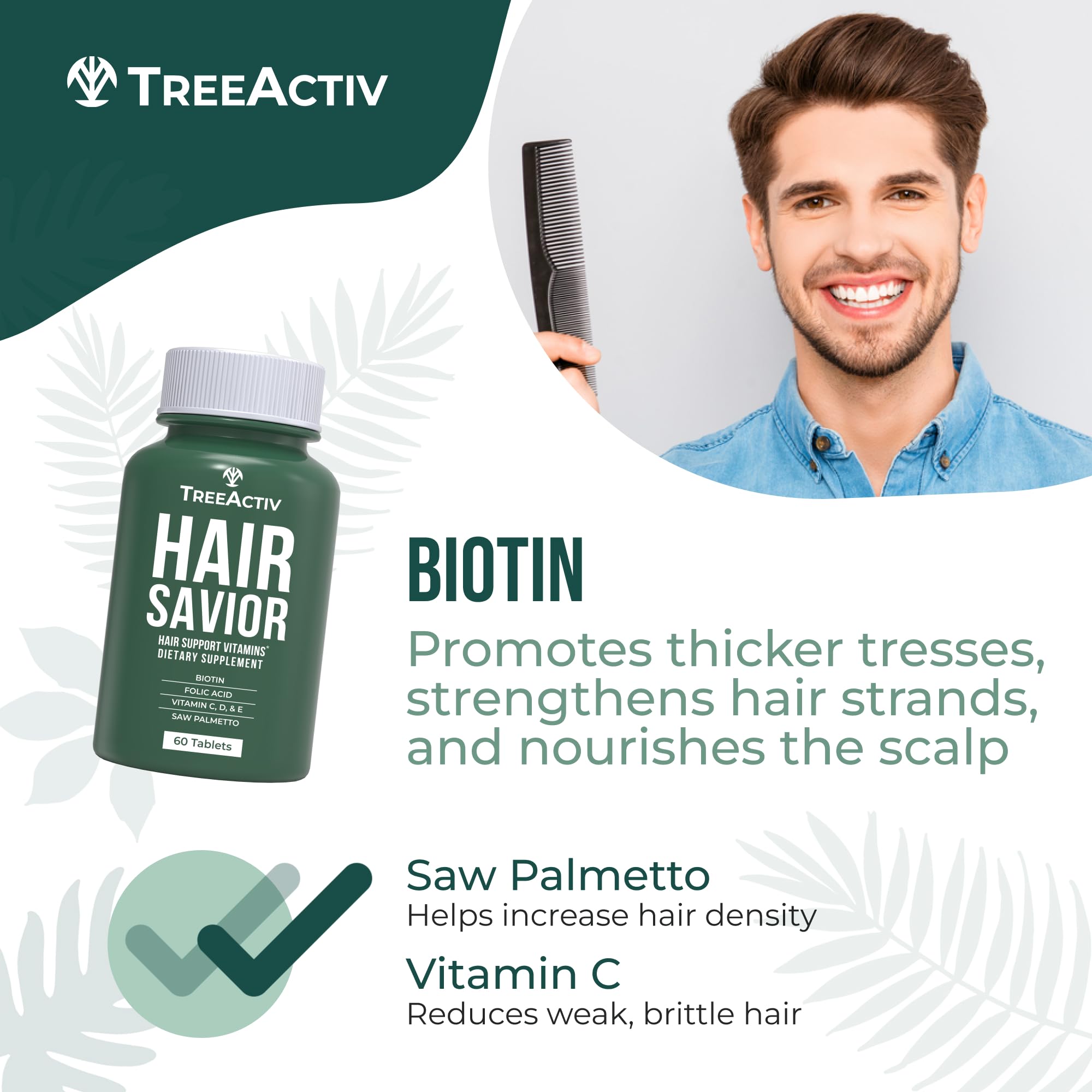 TreeActiv Hair Savior – Biotin + Saw Palmetto Hair Growth Vitamins, 60 Capsules, 30-Day Supply