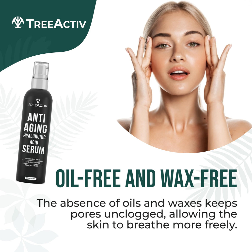 TreeActiv Anti-Aging Hyaluronic Acid Serum for Face – Hydrating, Oil-Free 2 oz
