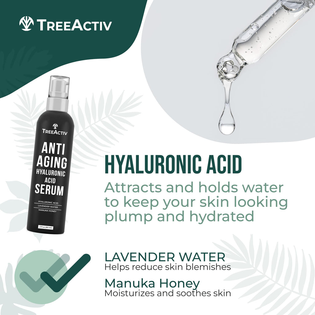 TreeActiv Anti-Aging Hyaluronic Acid Serum for Face – Hydrating, Oil-Free 2 oz