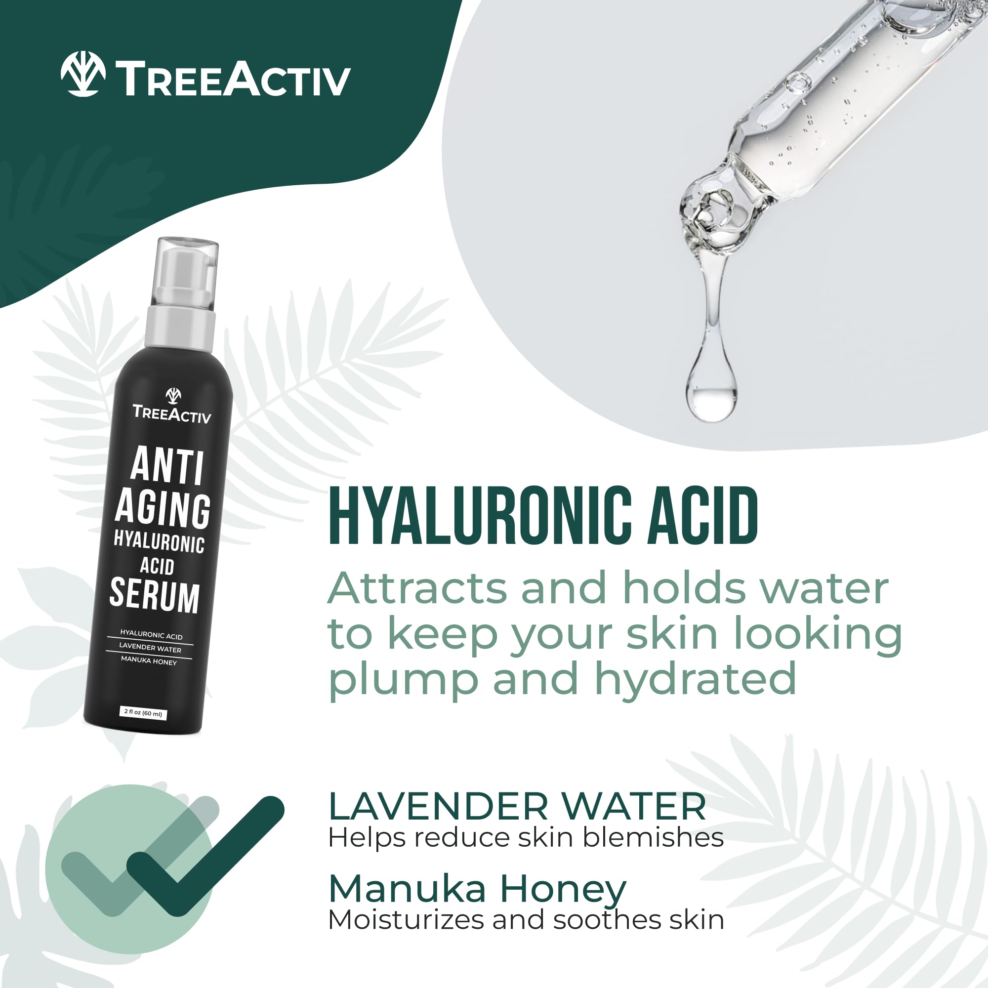 TreeActiv Anti-Aging Hyaluronic Acid Serum for Face – Hydrating, Oil-Free 2 oz