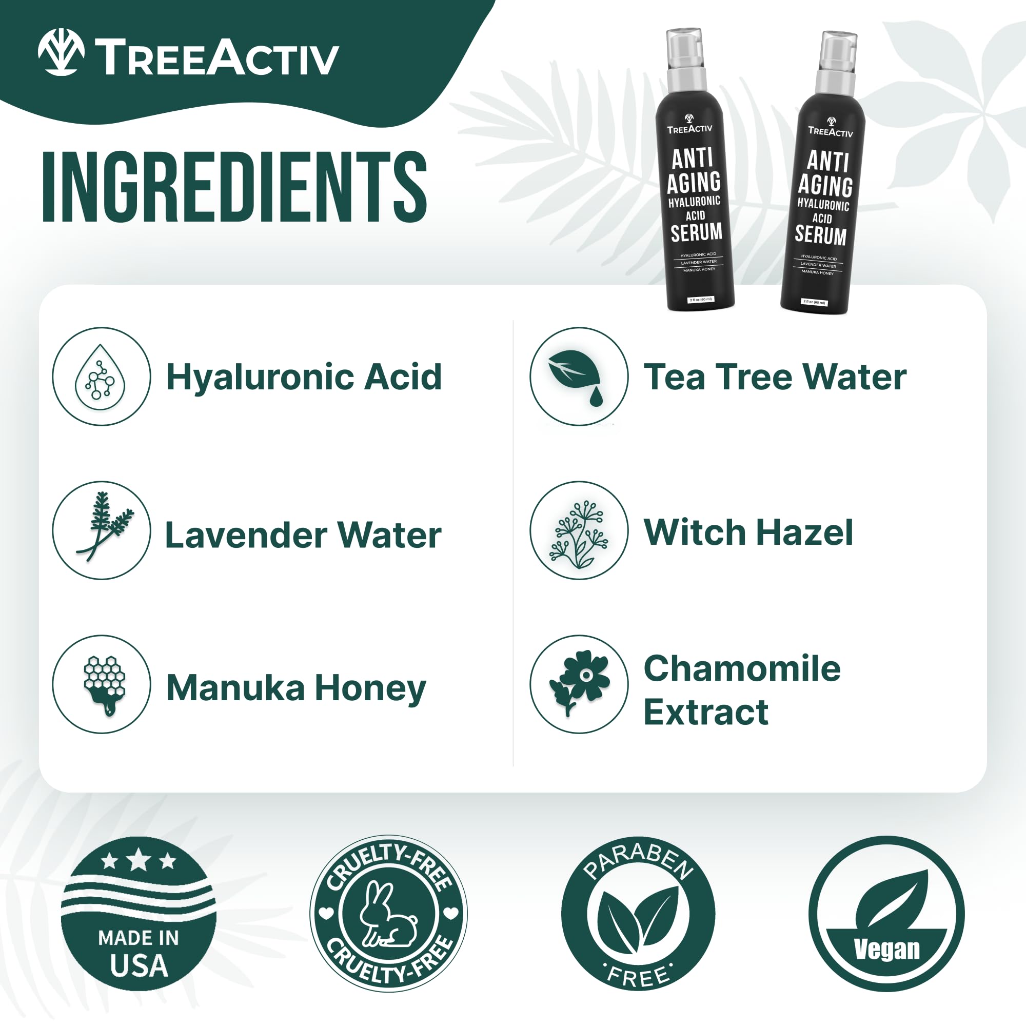 TreeActiv Anti-Aging Hyaluronic Acid Serum for Face – Hydrating, Oil-Free 2 oz