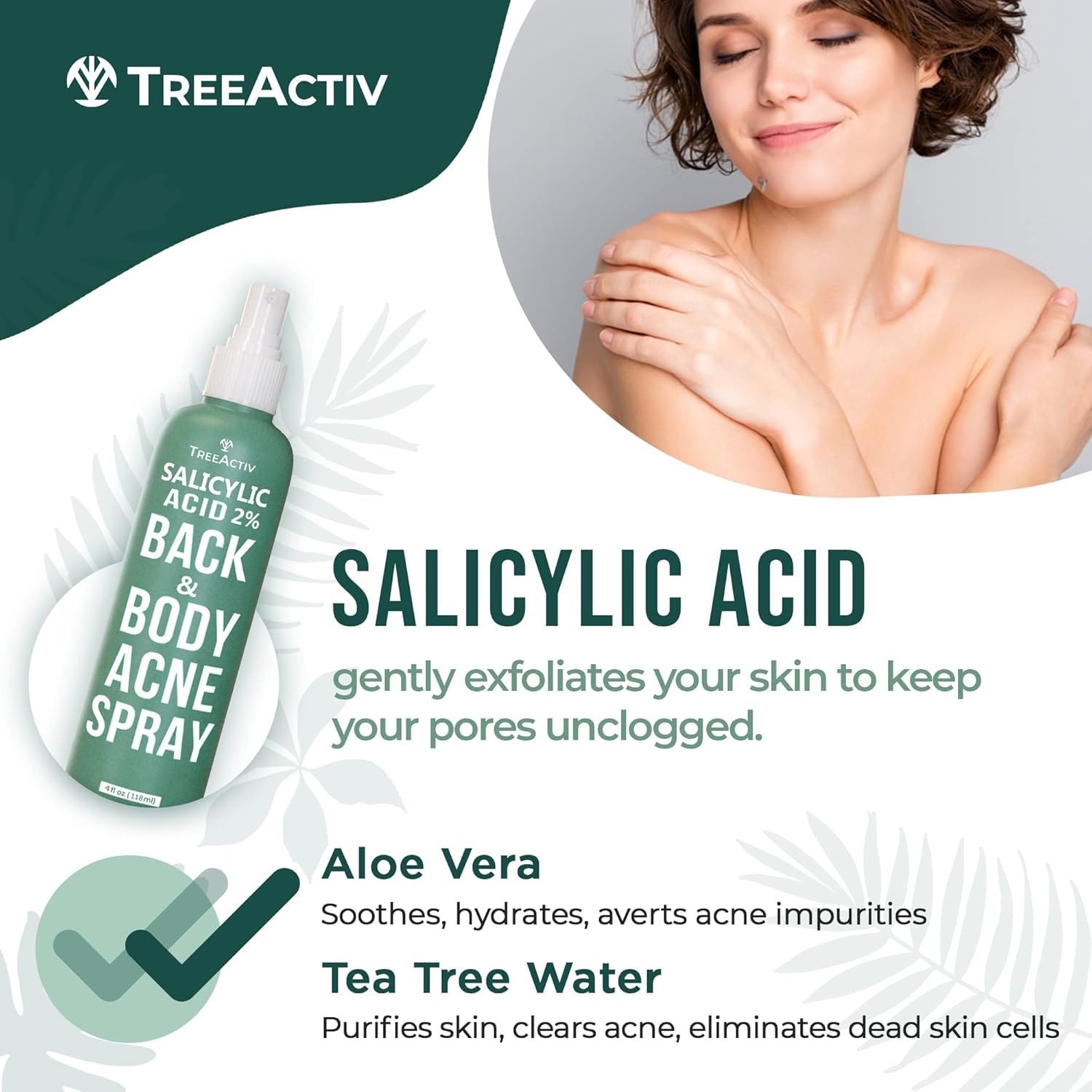 TreeActiv Salicylic Acid Back & Body Acne Spray – Fast-Drying, Tea Tree & Peppermint Formula (4 fl oz x 2)
