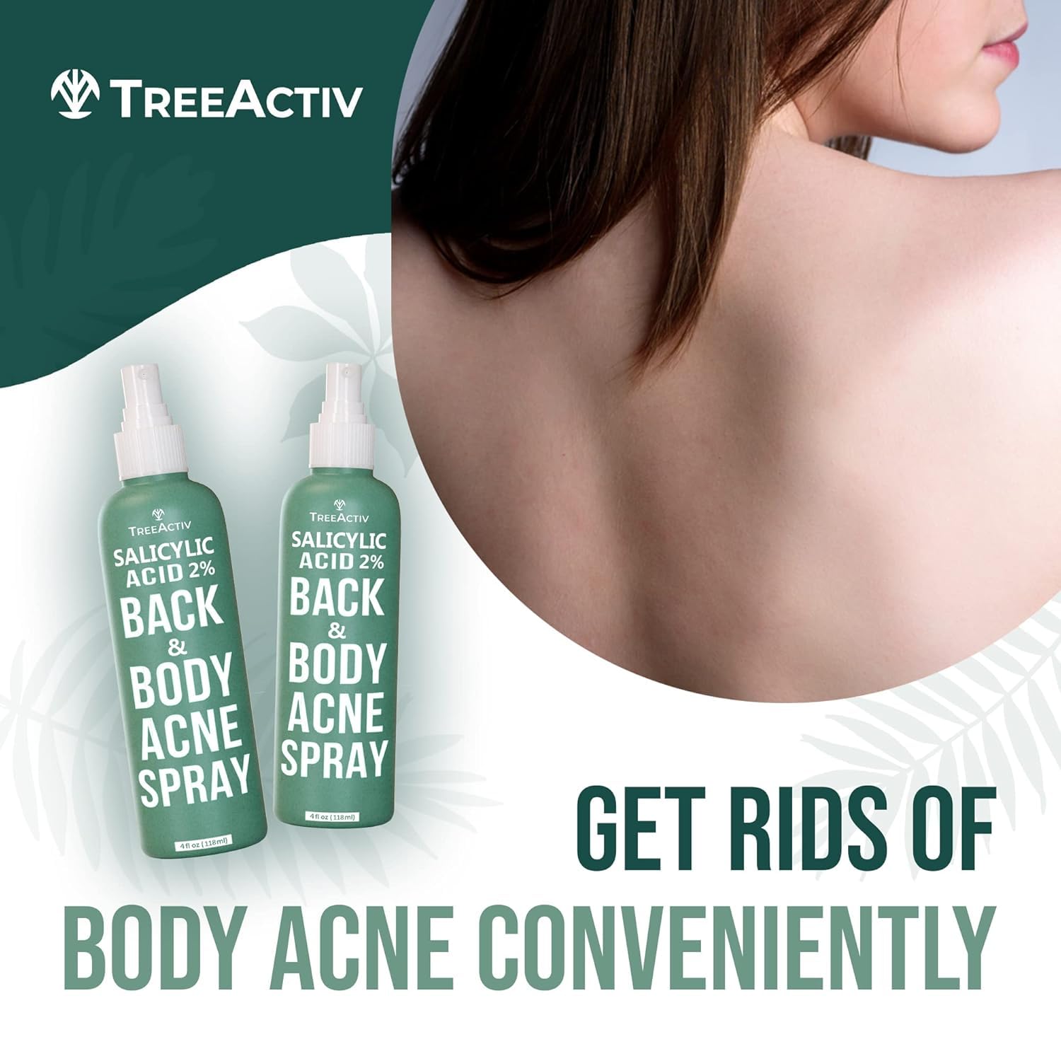 TreeActiv Salicylic Acid Back & Body Acne Spray – Fast-Drying, Tea Tree & Peppermint Formula (4 fl oz x 2)