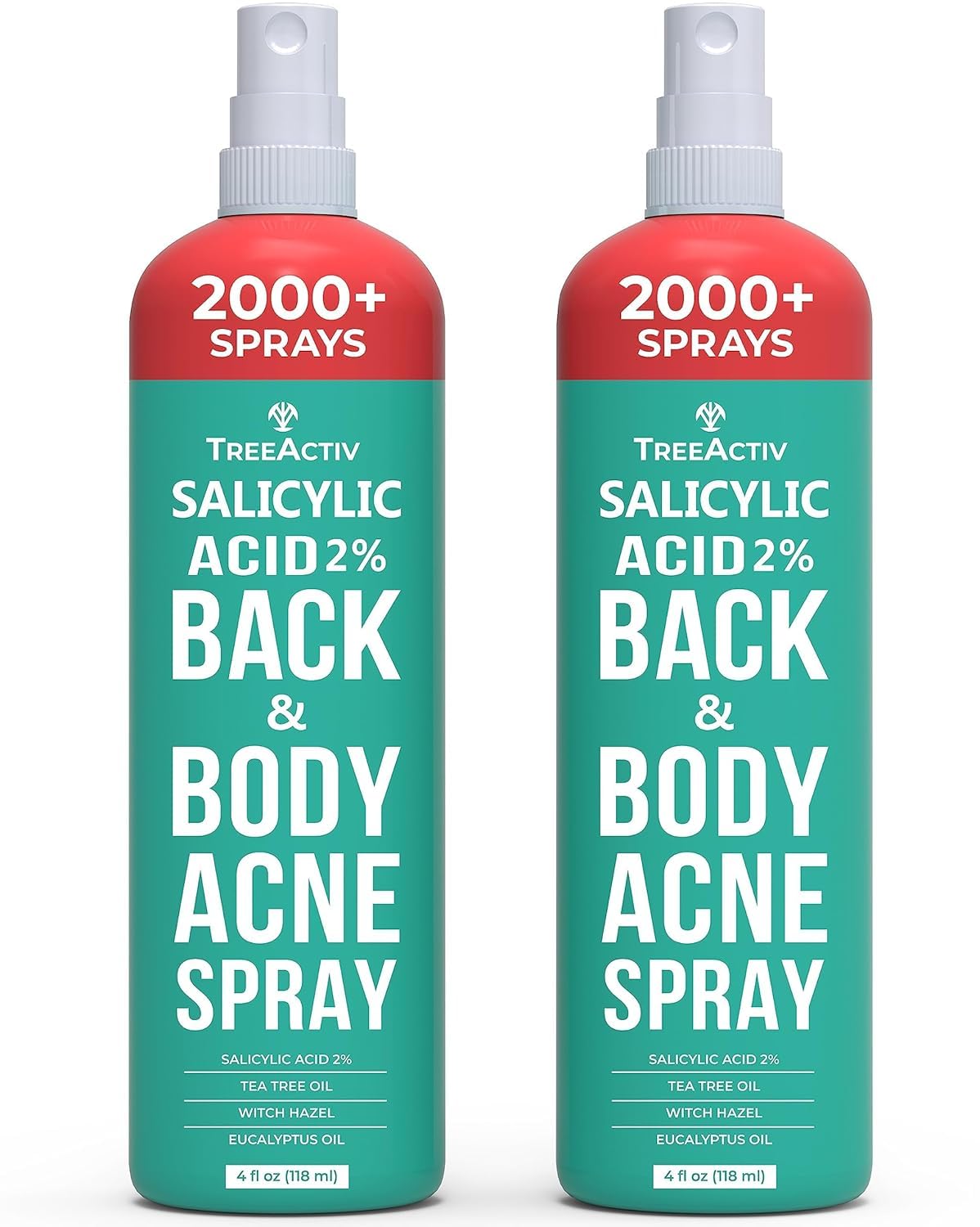 TreeActiv Salicylic Acid Back & Body Acne Spray – Fast-Drying, Tea Tree & Peppermint Formula (4 fl oz x 2)
