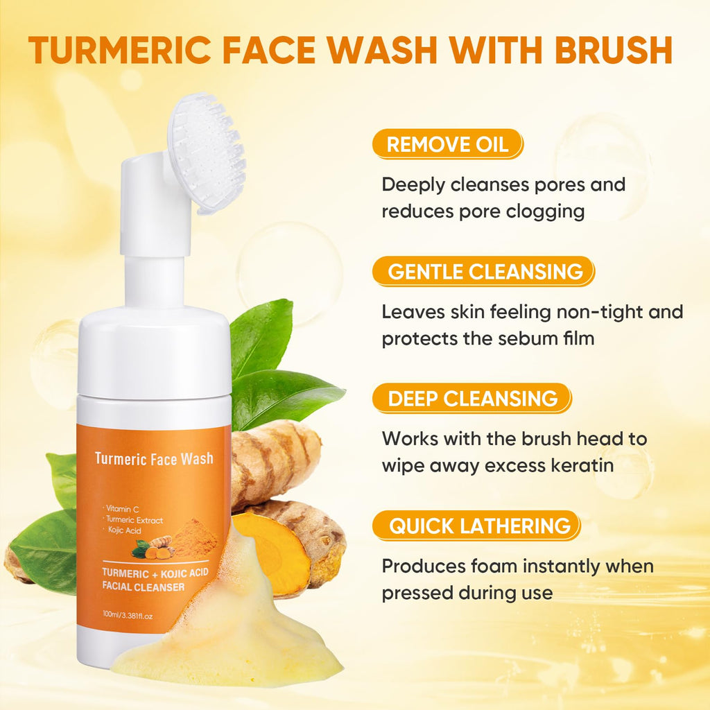 Treeroot 4Pcs Turmeric Face Wash Set — Kojic Acid Soap, Brush & Scrub Pads for Deep Cleansing