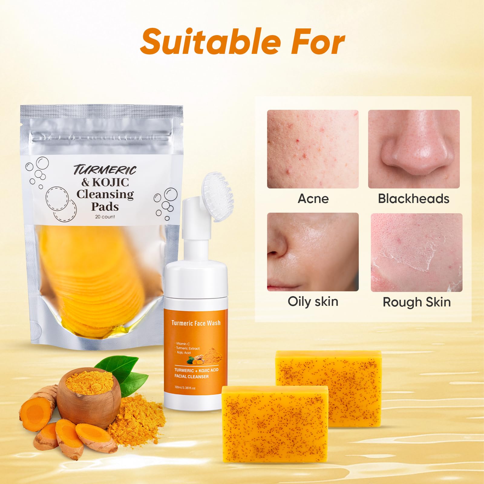 Treeroot 4Pcs Turmeric Face Wash Set — Kojic Acid Soap, Brush & Scrub Pads for Deep Cleansing