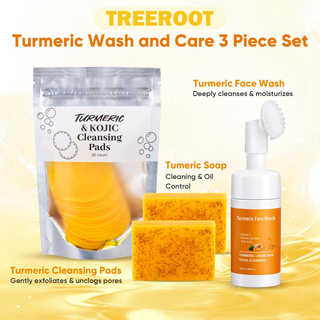 Treeroot 4Pcs Turmeric Face Wash Set — Kojic Acid Soap, Brush & Scrub Pads for Deep Cleansing