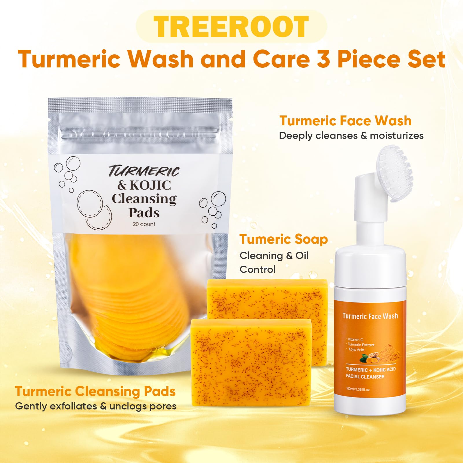 Treeroot 4Pcs Turmeric Face Wash Set — Kojic Acid Soap, Brush & Scrub Pads for Deep Cleansing