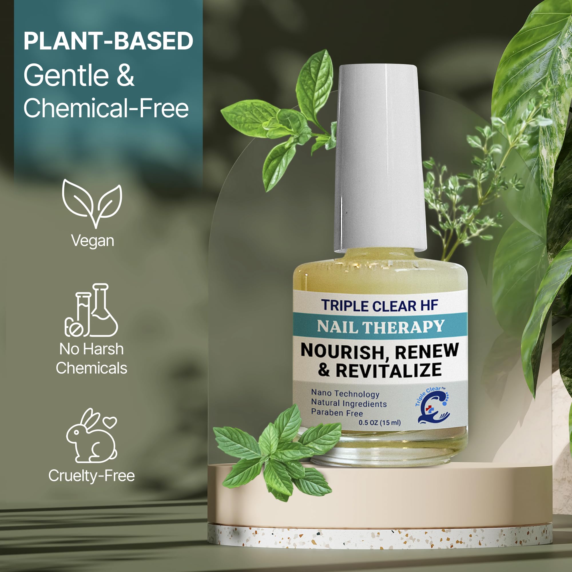 Triple Clear HF Nano Nail Strengthener Oil - Plant-Based Nail Therapy for Damaged Nails (0.5 fl oz)