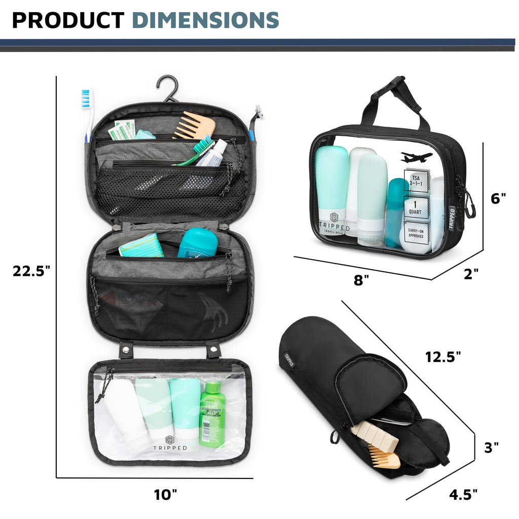 TRIPPED Toiletry Bag Set — Hanging Bag + TSA 311 Liquids Bag + Ultralight Organizer (Grey)