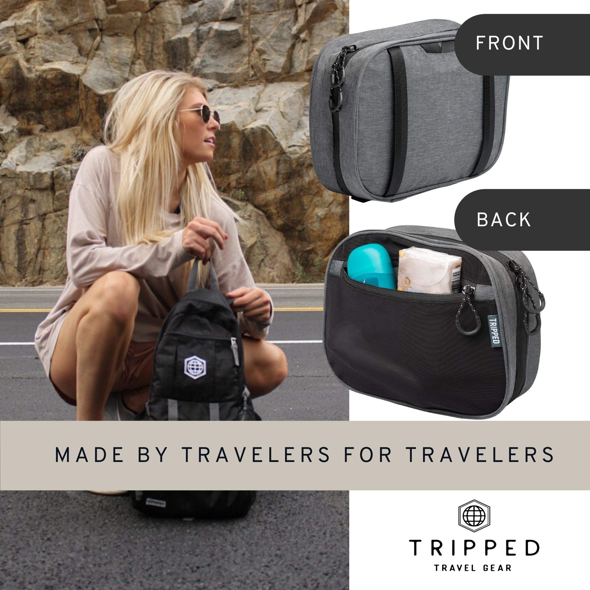 TRIPPED Toiletry Bag Set — Hanging Bag + TSA 311 Liquids Bag + Ultralight Organizer (Grey)