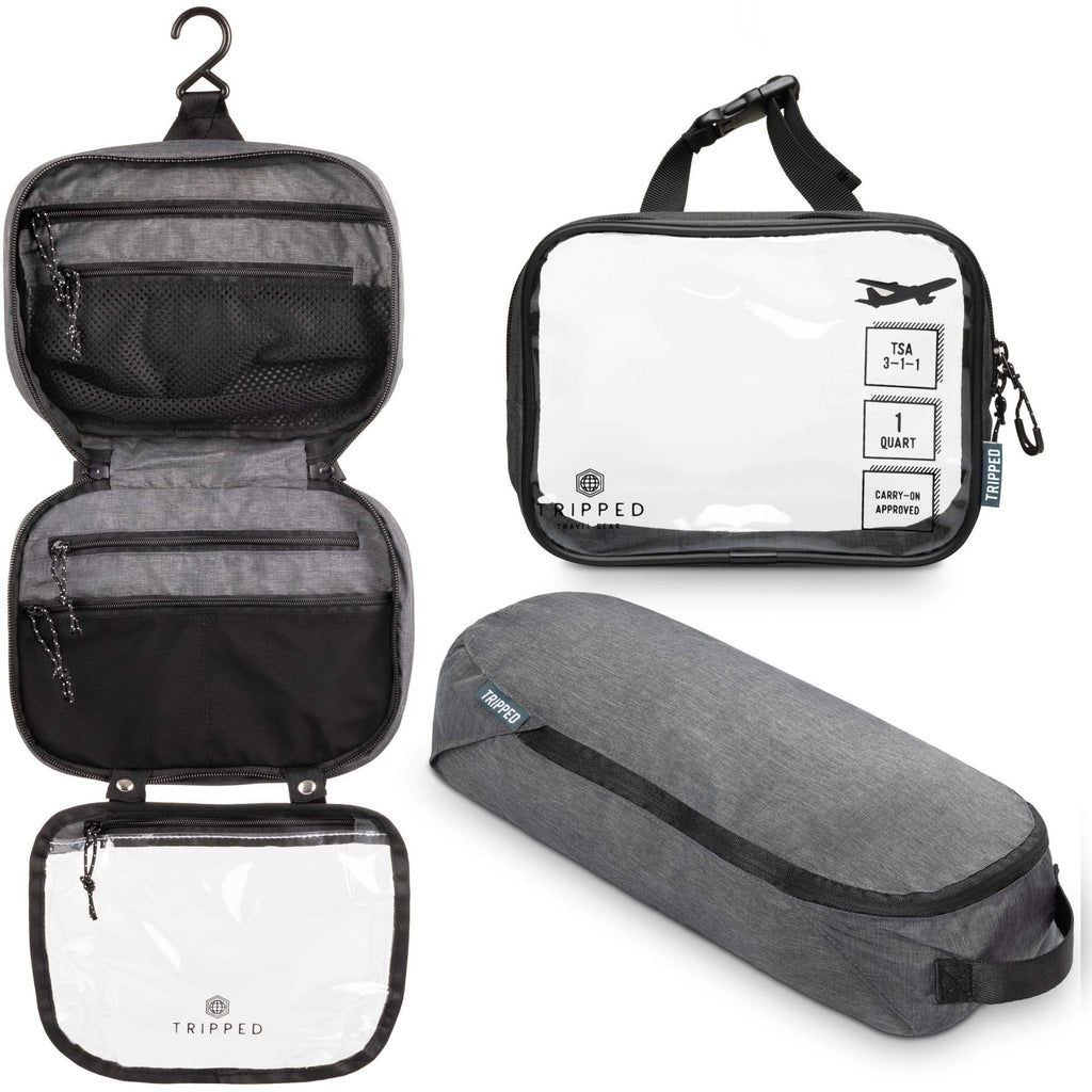 TRIPPED Toiletry Bag Set — Hanging Bag + TSA 311 Liquids Bag + Ultralight Organizer (Grey)