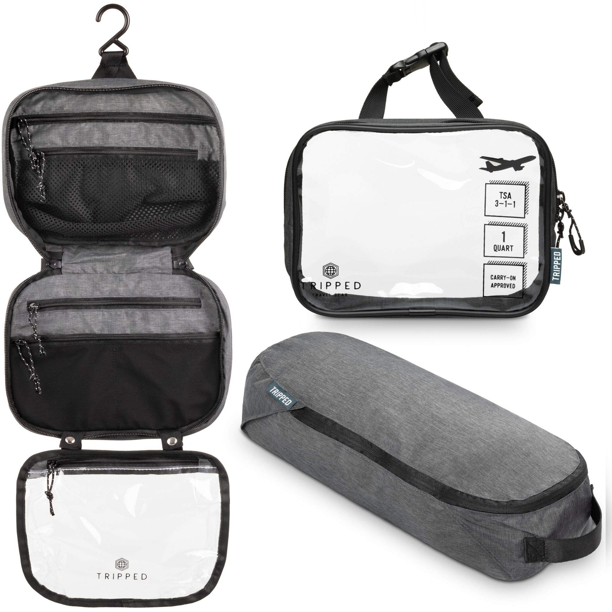 TRIPPED Toiletry Bag Set — Hanging Bag + TSA 311 Liquids Bag + Ultralight Organizer (Grey)
