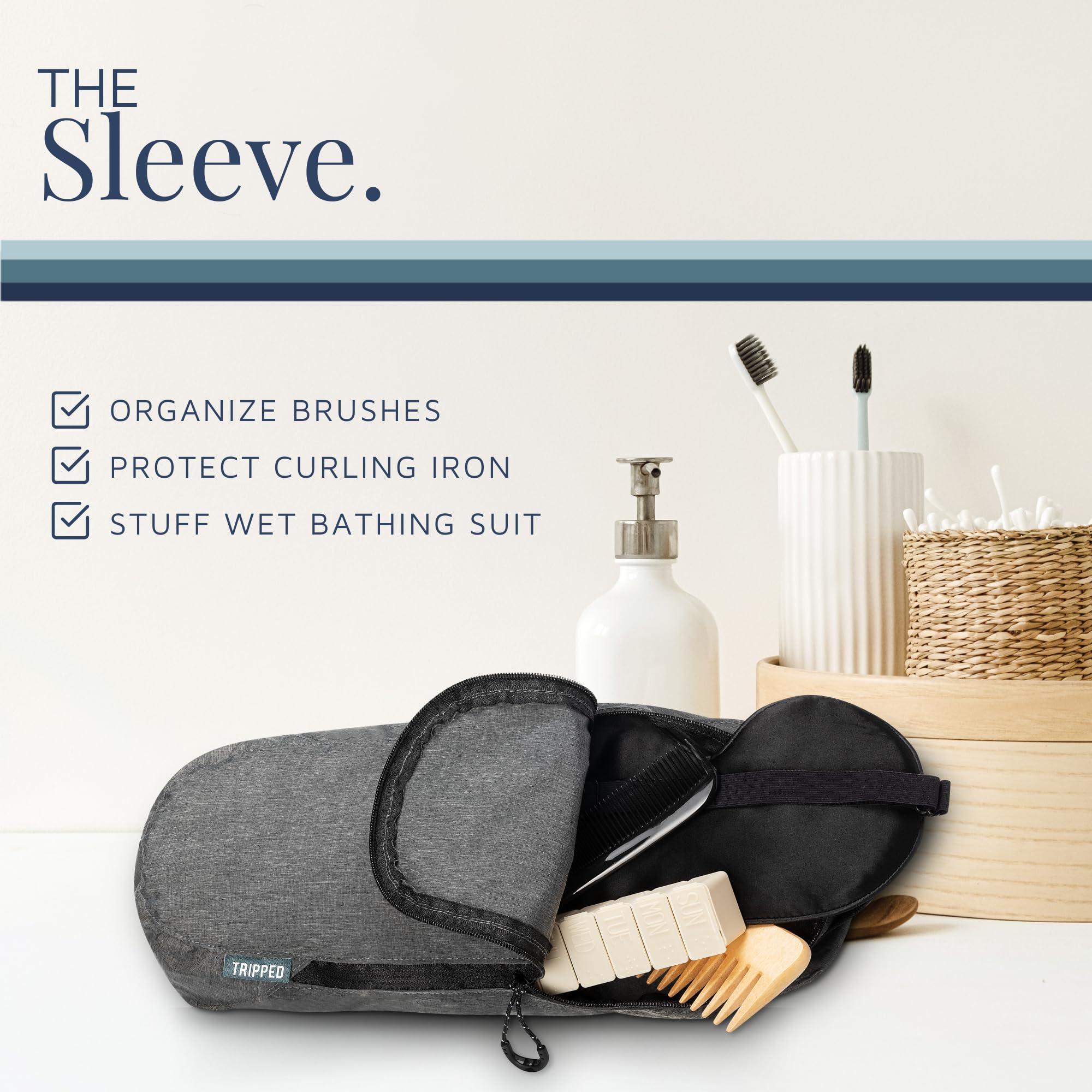 TRIPPED Toiletry Bag Set — Hanging Bag + TSA 311 Liquids Bag + Ultralight Organizer (Grey)