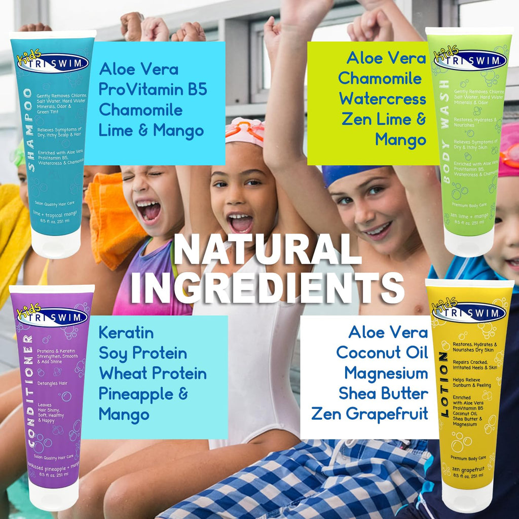 TRISWIM Kids After Swim Pack – 4-Piece Travel Set (8.5 oz each) for Chlorine Removal