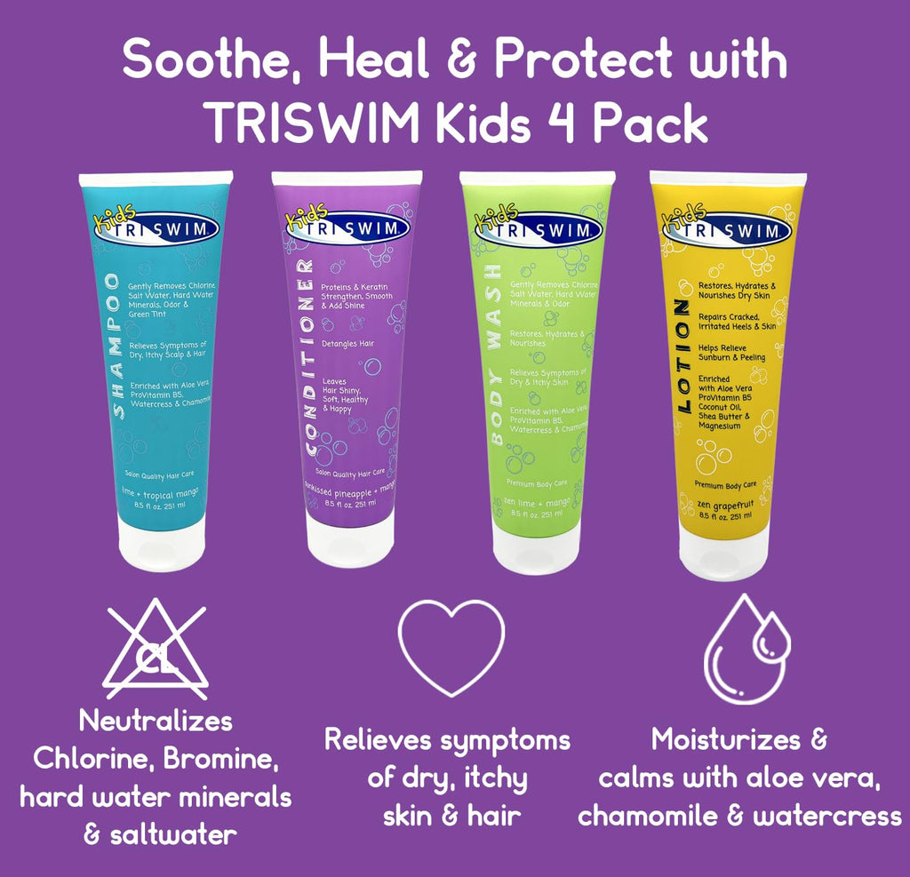 TRISWIM Kids After Swim Pack – 4-Piece Travel Set (8.5 oz each) for Chlorine Removal