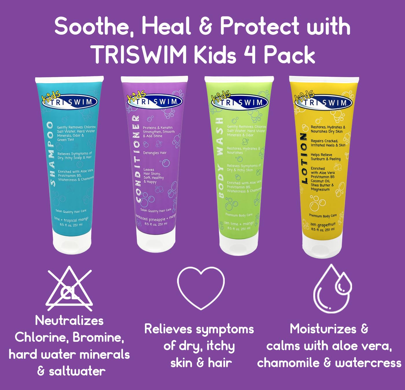 TRISWIM Kids After Swim Pack – 4-Piece Travel Set (8.5 oz each) for Chlorine Removal