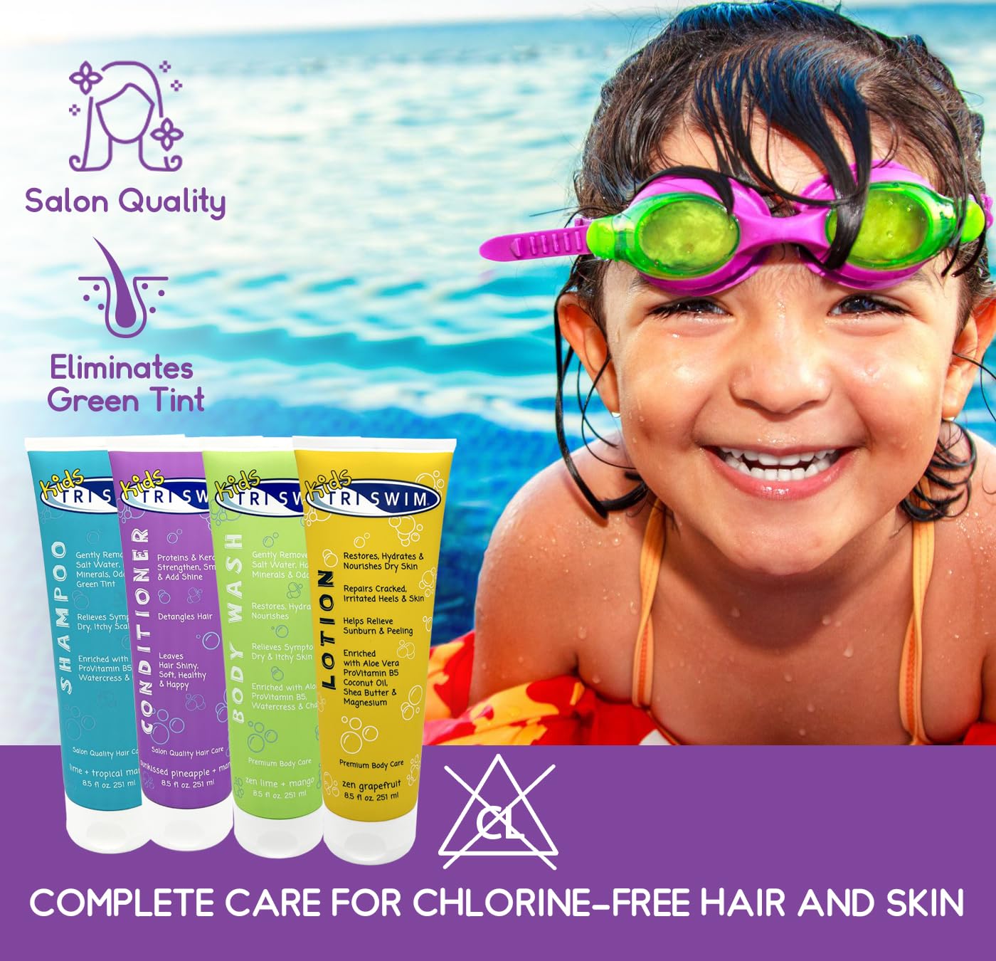 TRISWIM Kids After Swim Pack – 4-Piece Travel Set (8.5 oz each) for Chlorine Removal