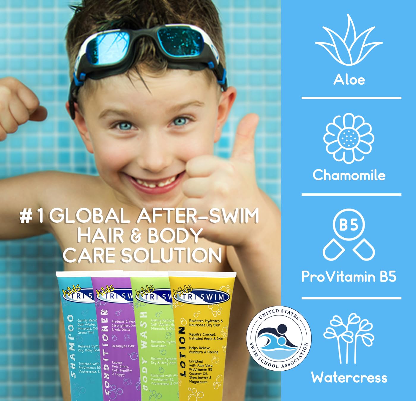 TRISWIM Kids After Swim Pack – 4-Piece Travel Set (8.5 oz each) for Chlorine Removal