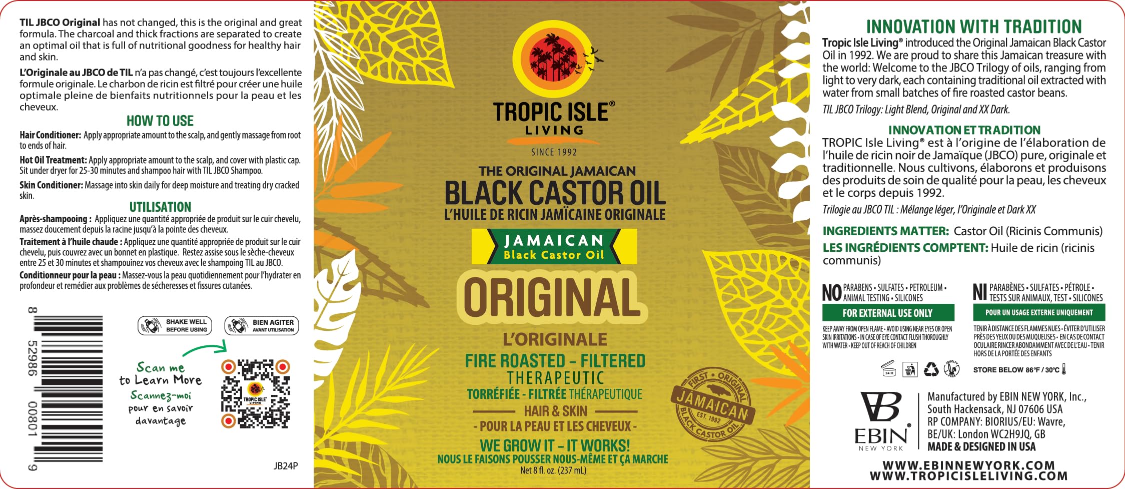 Tropic Isle Living Jamaican Black Castor Oil 8oz – Hair Growth, Skin Conditioning & Brow/Lash Care
