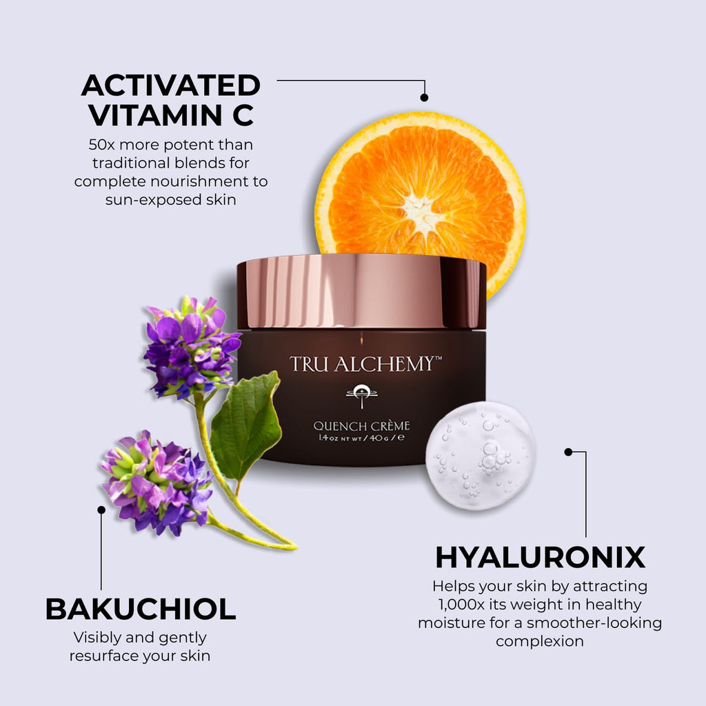 Tru Alchemy Quench Crème Daily Facial Moisturizer | Hyaluronic Acid, Vitamin C & Bakuchiol | Firming Hydration 1.7 oz