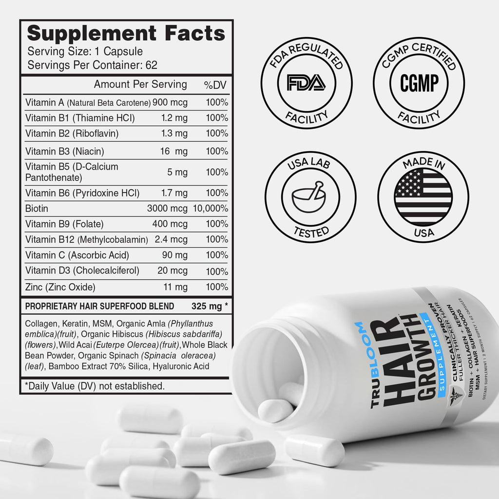 Tru Bloom Hair Growth Vitamins — 2 Month Supply | Clinically Proven Fuller, Thicker Hair | Drug-Free with Biotin, Collagen & Hair Superfoods