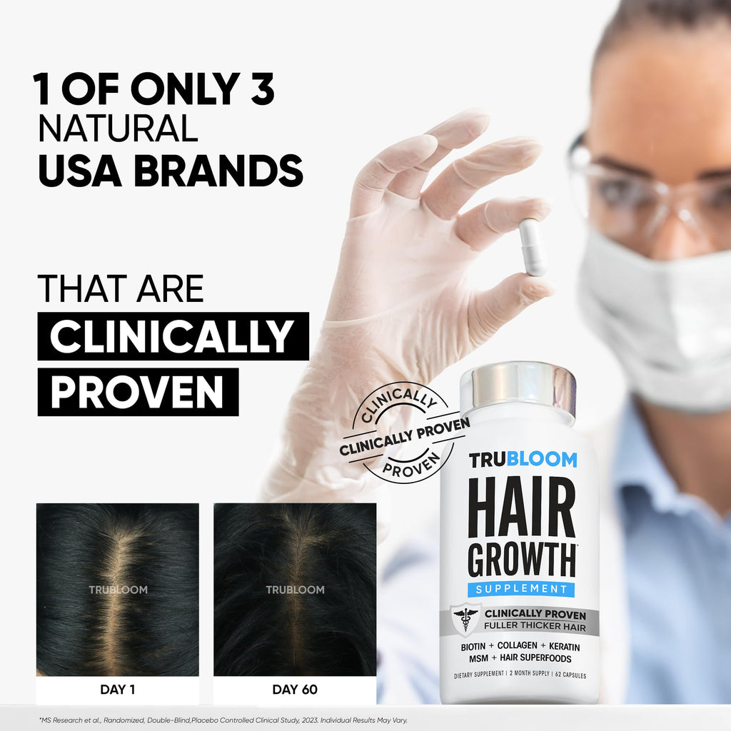 Tru Bloom Hair Growth Vitamins — 2 Month Supply | Clinically Proven Fuller, Thicker Hair | Drug-Free with Biotin, Collagen & Hair Superfoods