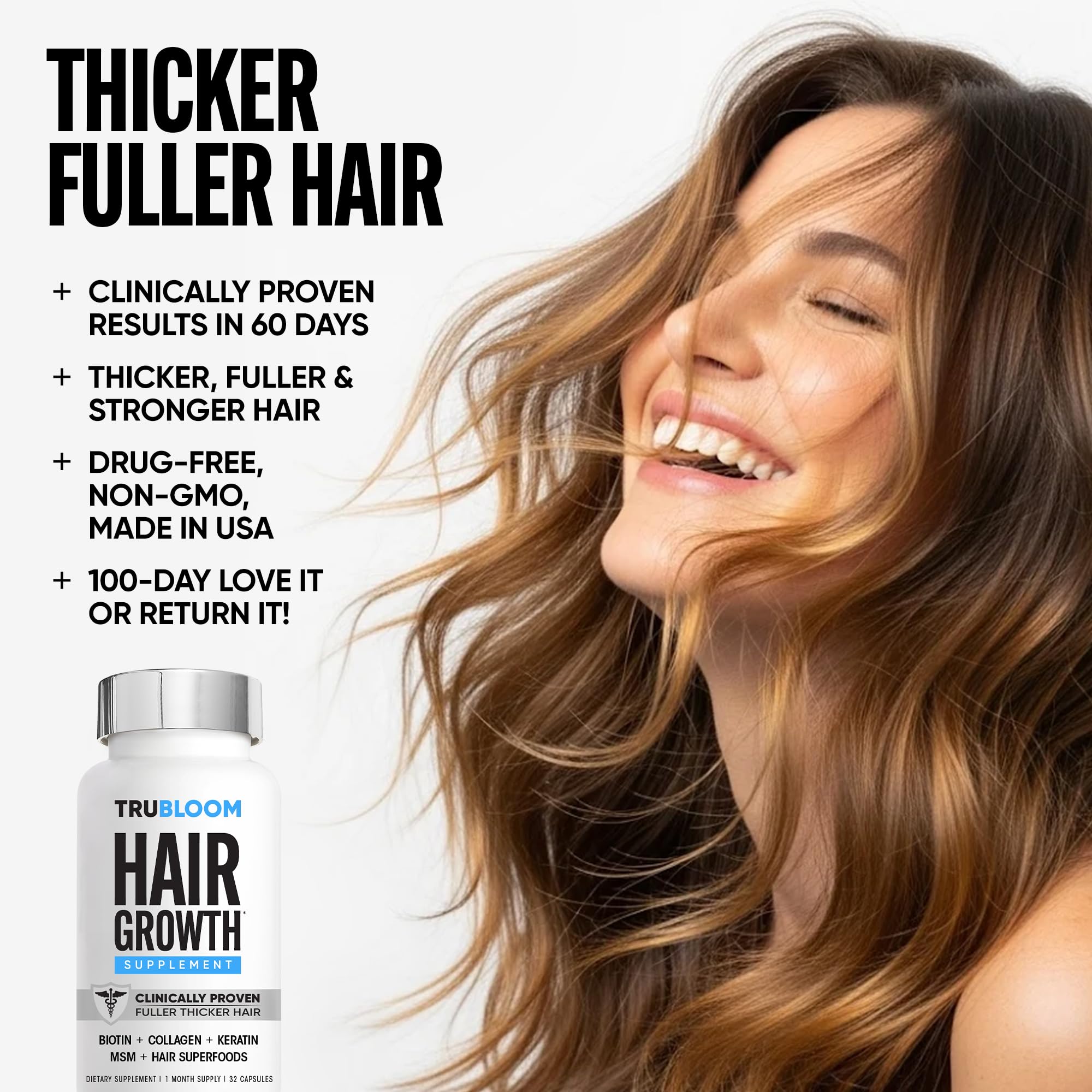 Tru Bloom Hair Growth Vitamins – 1 Month Supply | Fuller, Thicker Hair (Drug-Free)