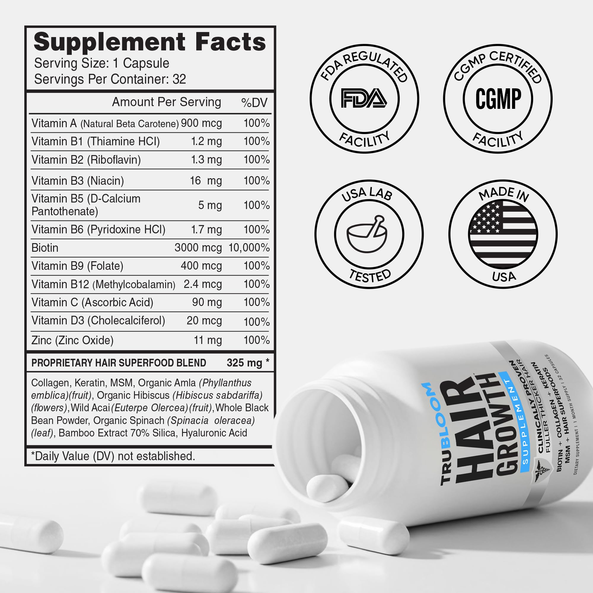 Tru Bloom Hair Growth Vitamins – 1 Month Supply | Fuller, Thicker Hair (Drug-Free)