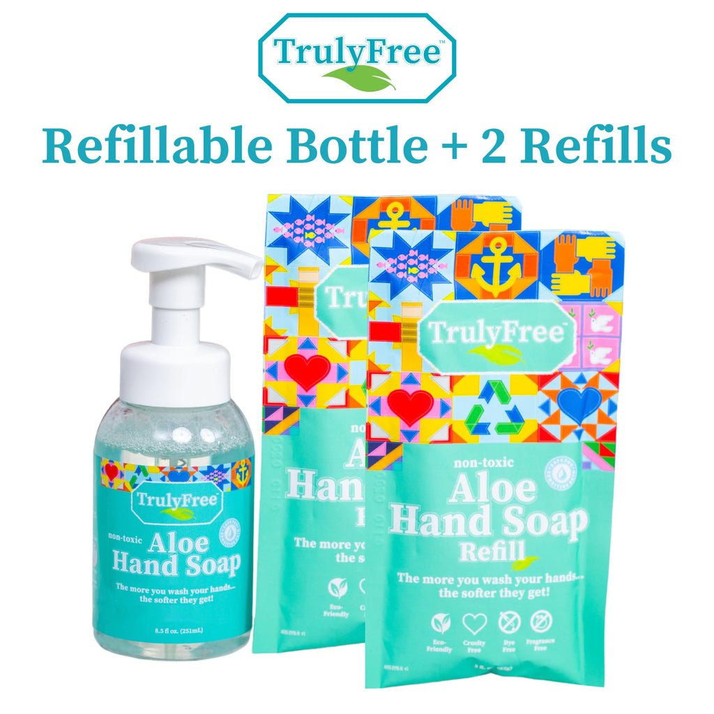 Truly Free Aloe Unscented Hand Soap — 10x Concentrated Aloe, Reusable Dispenser & Refill Pouches