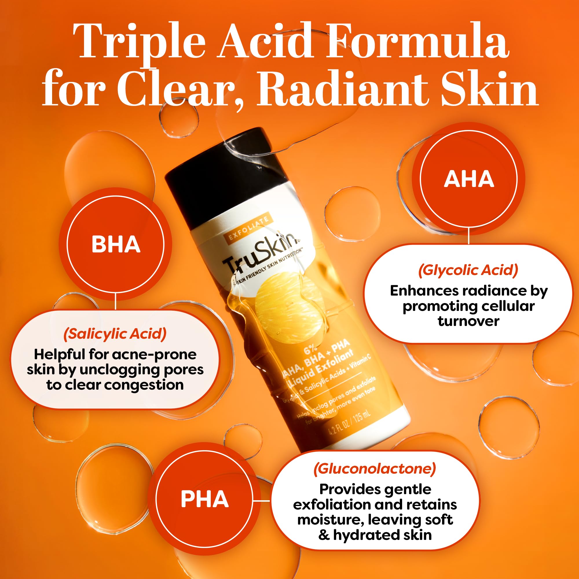 TruSkin BHA Liquid Exfoliant & Toner – Gentle AHA BHA PHA with Vitamin C (4.2 fl oz)
