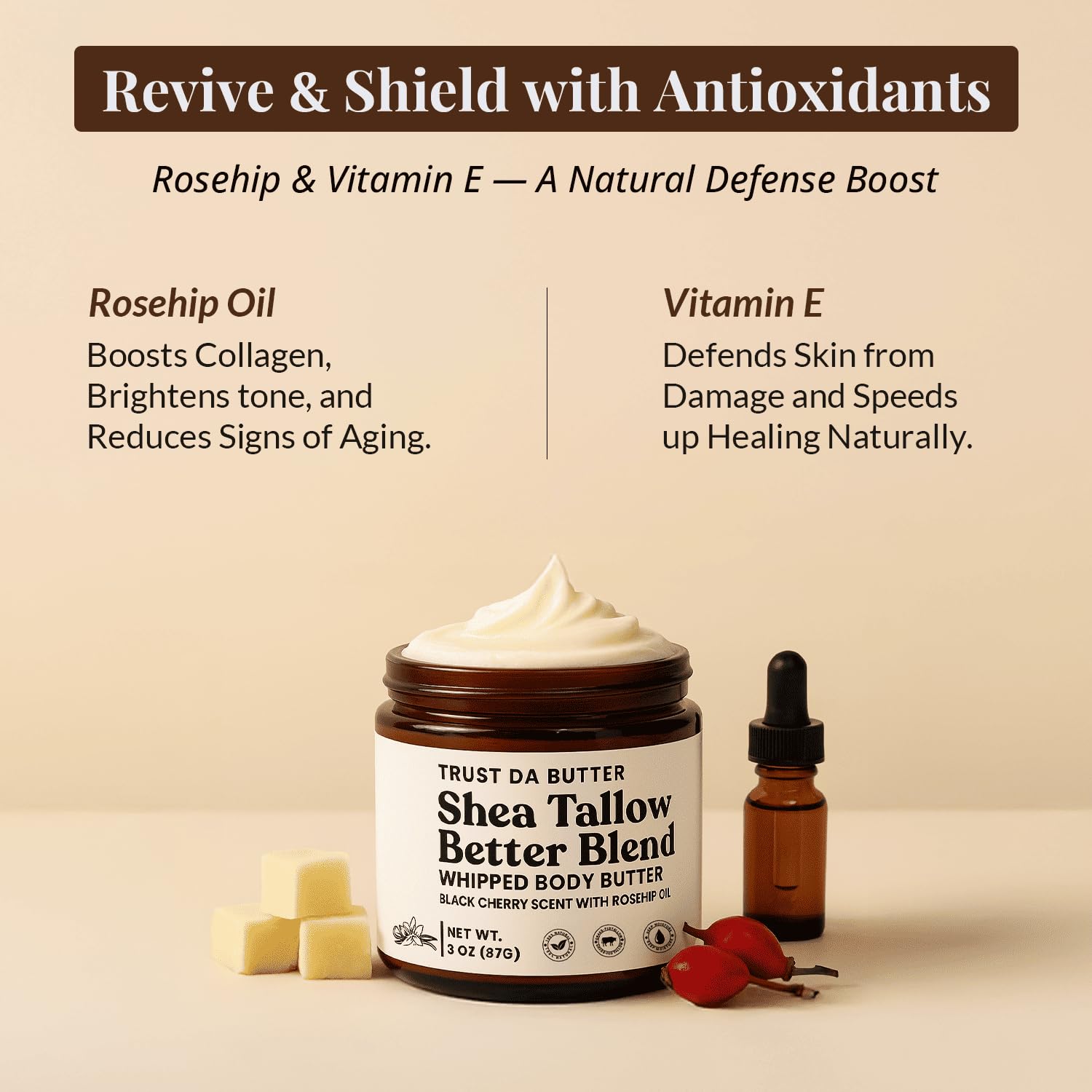 Trust Da Butter Whipped Beef Tallow & Shea Butter with Rosehip Oil – 3 Oz – USA Made