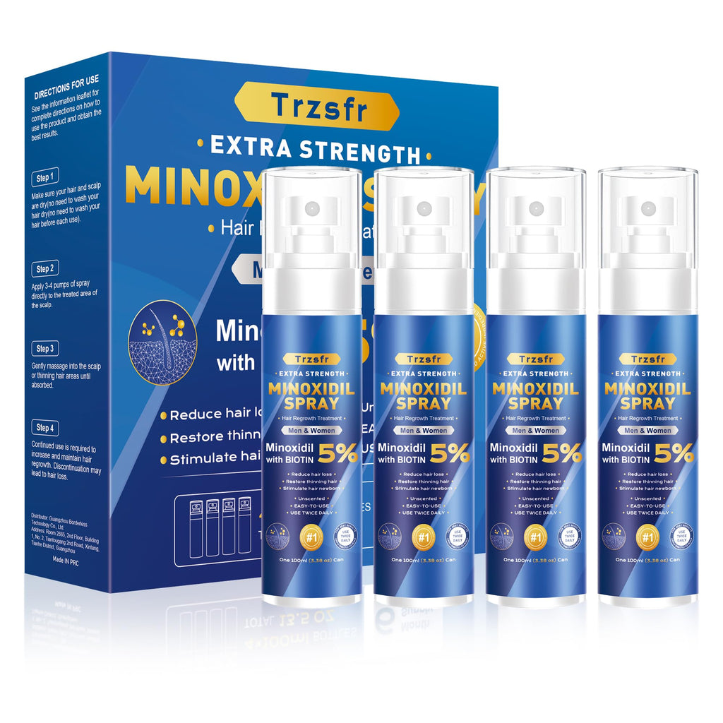 Trzsfr 5% Minoxidil for Men & Women – Hair Growth Serum & Beard Growth | 4-Pack 14 fl oz Biotin