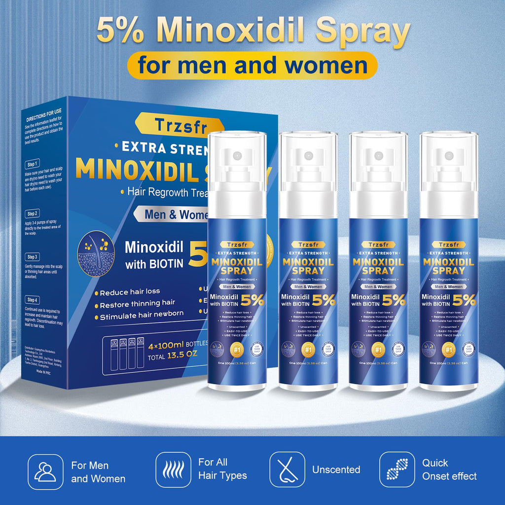 Trzsfr 5% Minoxidil for Men & Women – Hair Growth Serum & Beard Growth | 4-Pack 14 fl oz Biotin