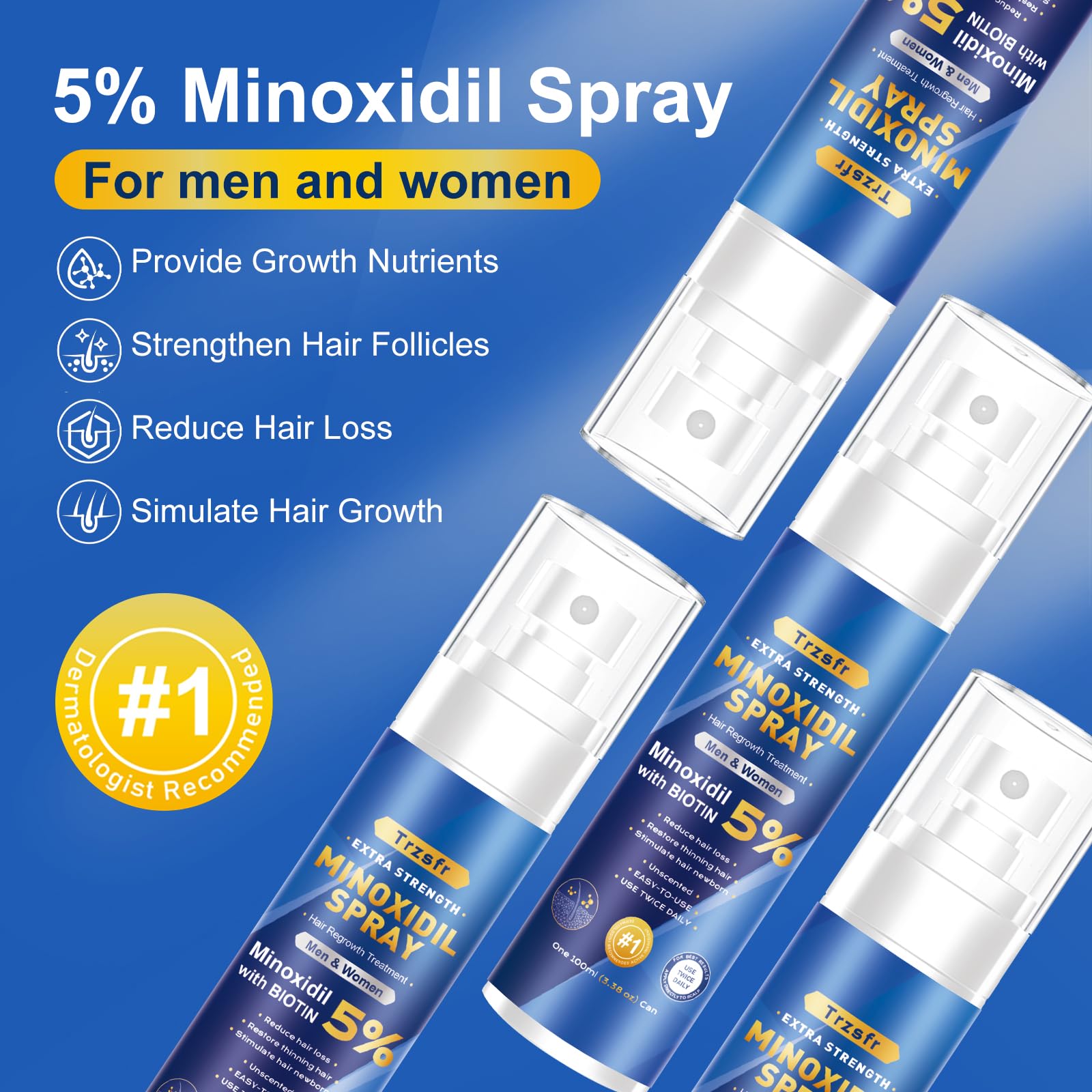 Trzsfr 5% Minoxidil for Men & Women – Hair Growth Serum & Beard Growth | 4-Pack 14 fl oz Biotin