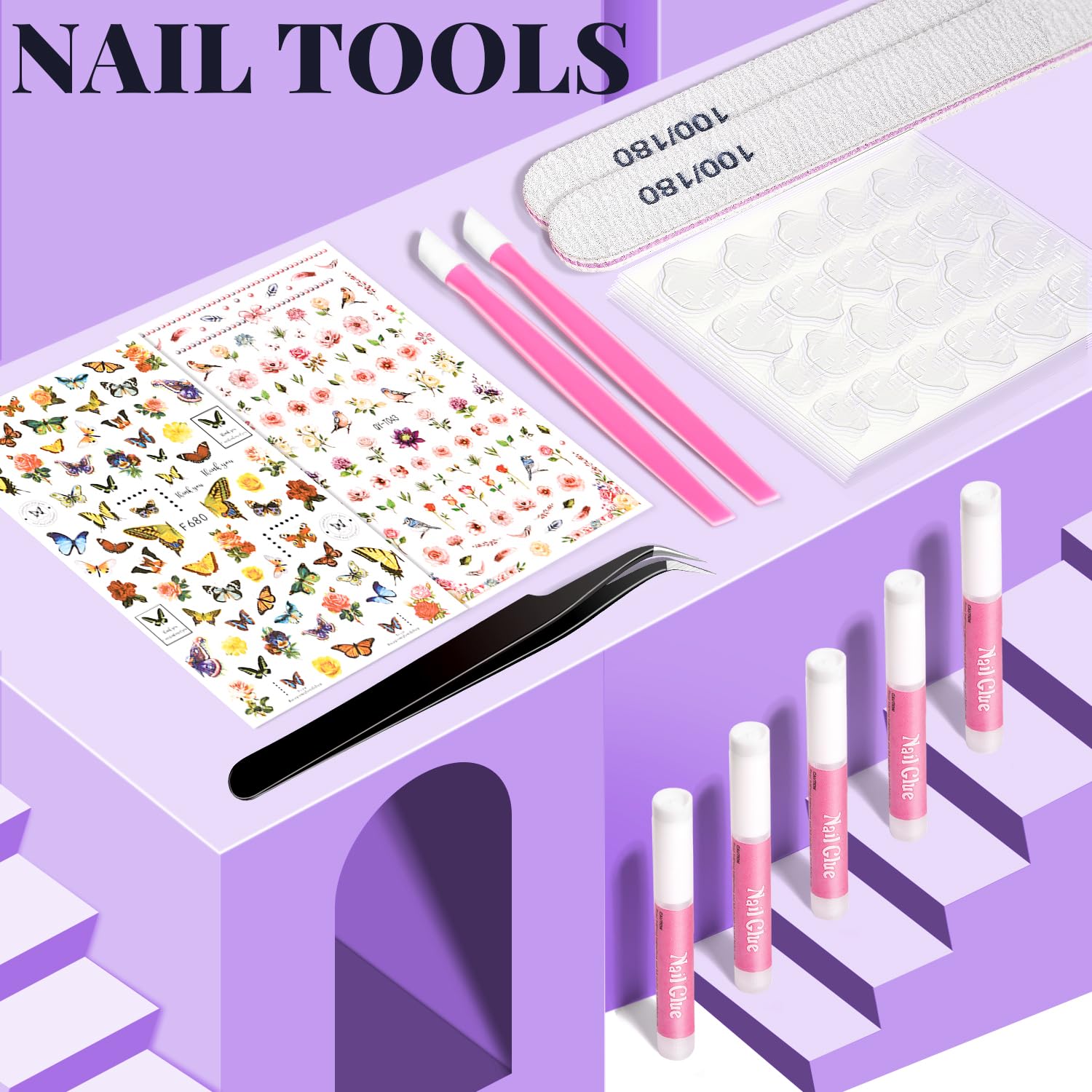 TsMADDTs Medium Square Press On Nails - 720 Pcs Kit with Glue, Files & Tools