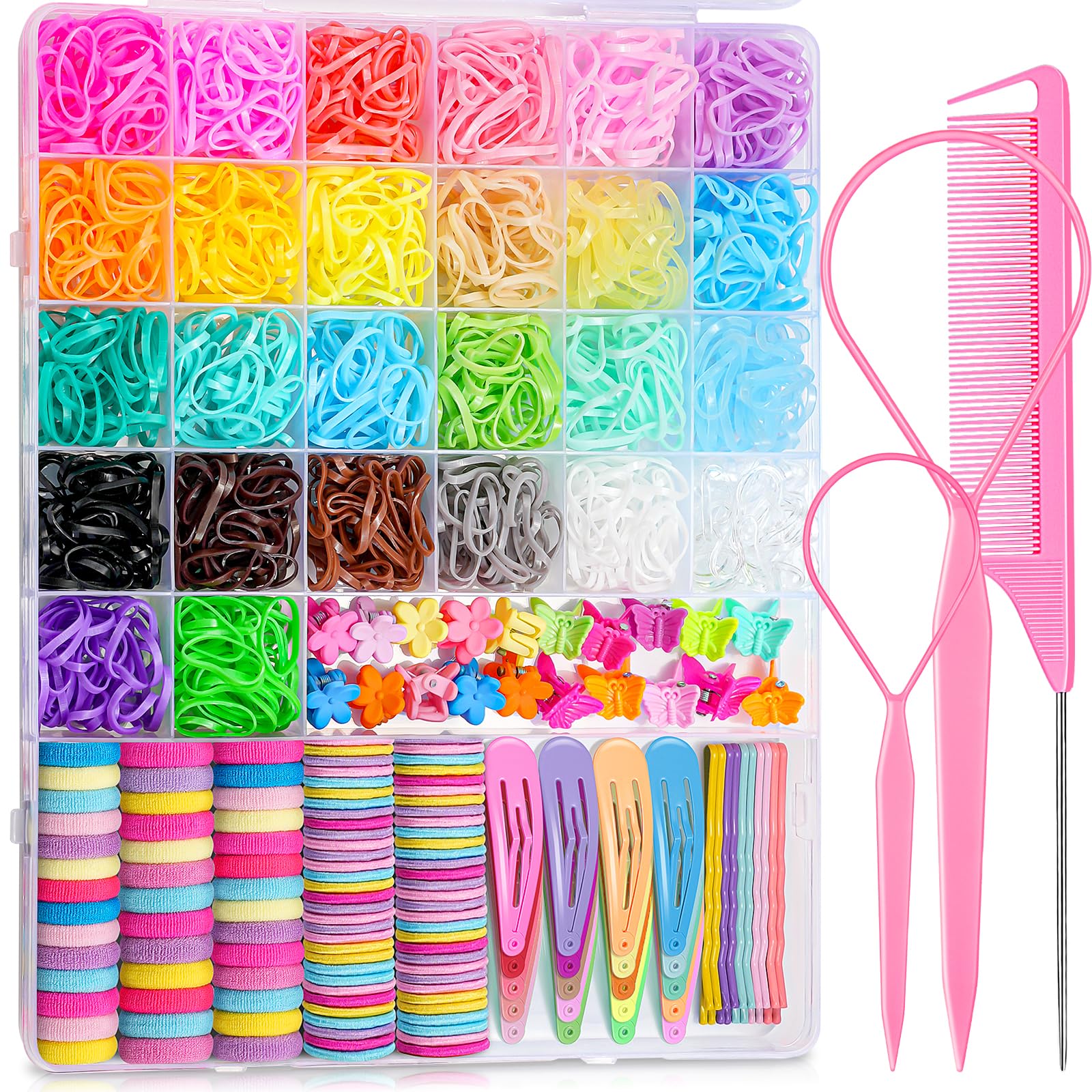 TsMADDTs Elastic Hair Ties for Kids – 26 Colors, Clips & Styling Tools Kit | 1300+ Pieces