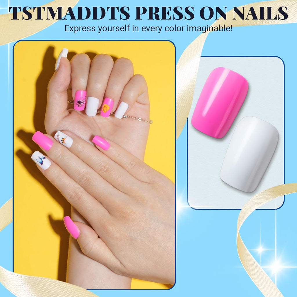 TsMADDTs Medium Square Press On Nails - 720 Pcs Kit with Glue, Files & Tools