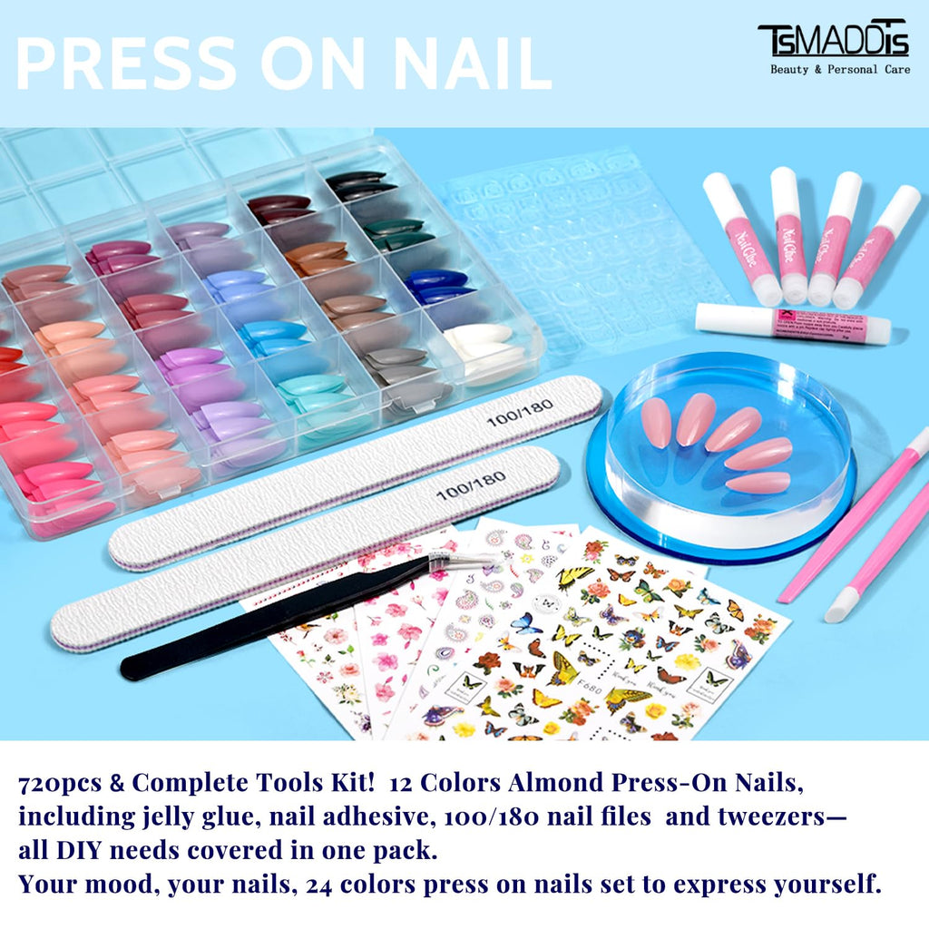 TsMADDTs Press On Nails Almond – 24 Colors, 720 pcs Kit with Glue, Tabs, Stickers & Tweezers