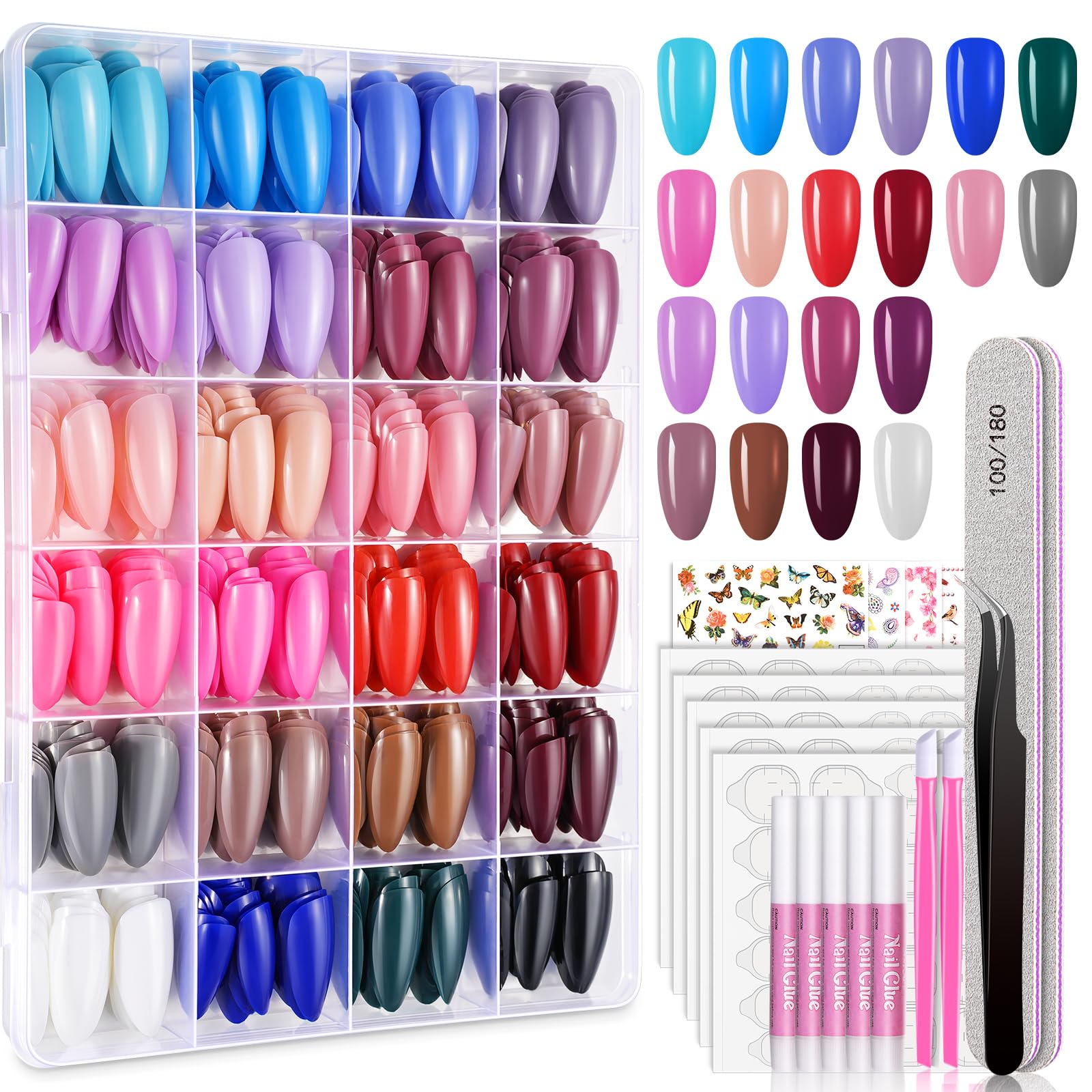 TsMADDTs Press On Nails Almond – 24 Colors, 720 pcs Kit with Glue, Tabs, Stickers & Tweezers