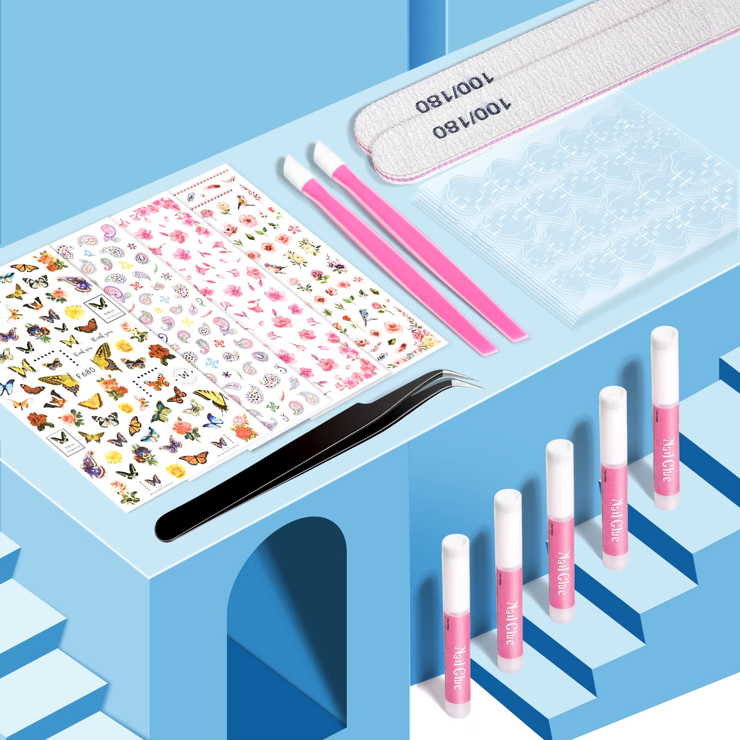TsMADDTs Press On Nails Almond – 24 Colors, 720 pcs Kit with Glue, Tabs, Stickers & Tweezers