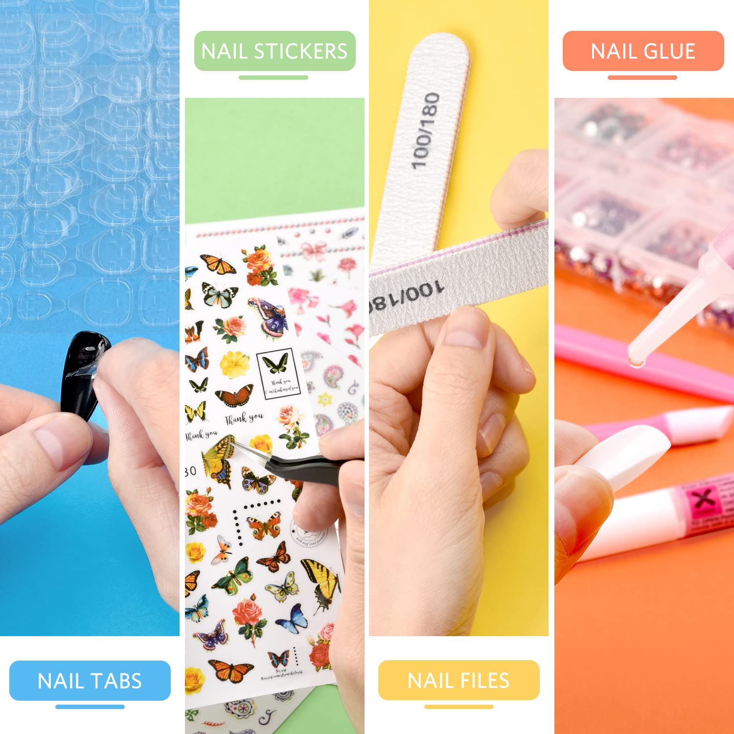 TsMADDTs Press On Nails Almond – 24 Colors, 720 pcs Kit with Glue, Tabs, Stickers & Tweezers